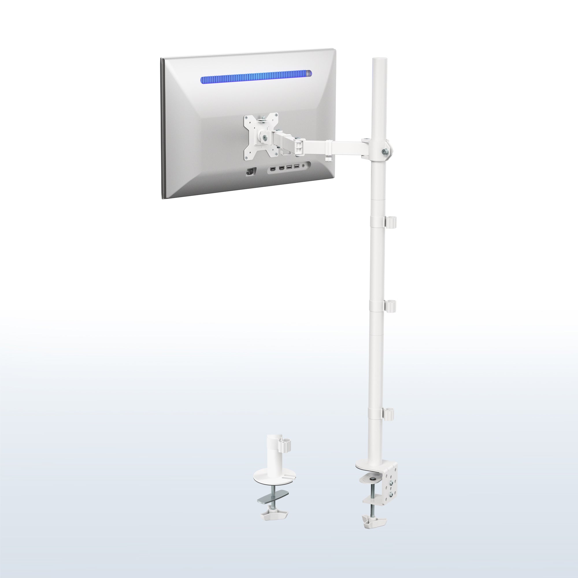 White extra tall desk mount for single monitor provides sit or stand application for the user, flexible viewing angles, and tall screen placement.