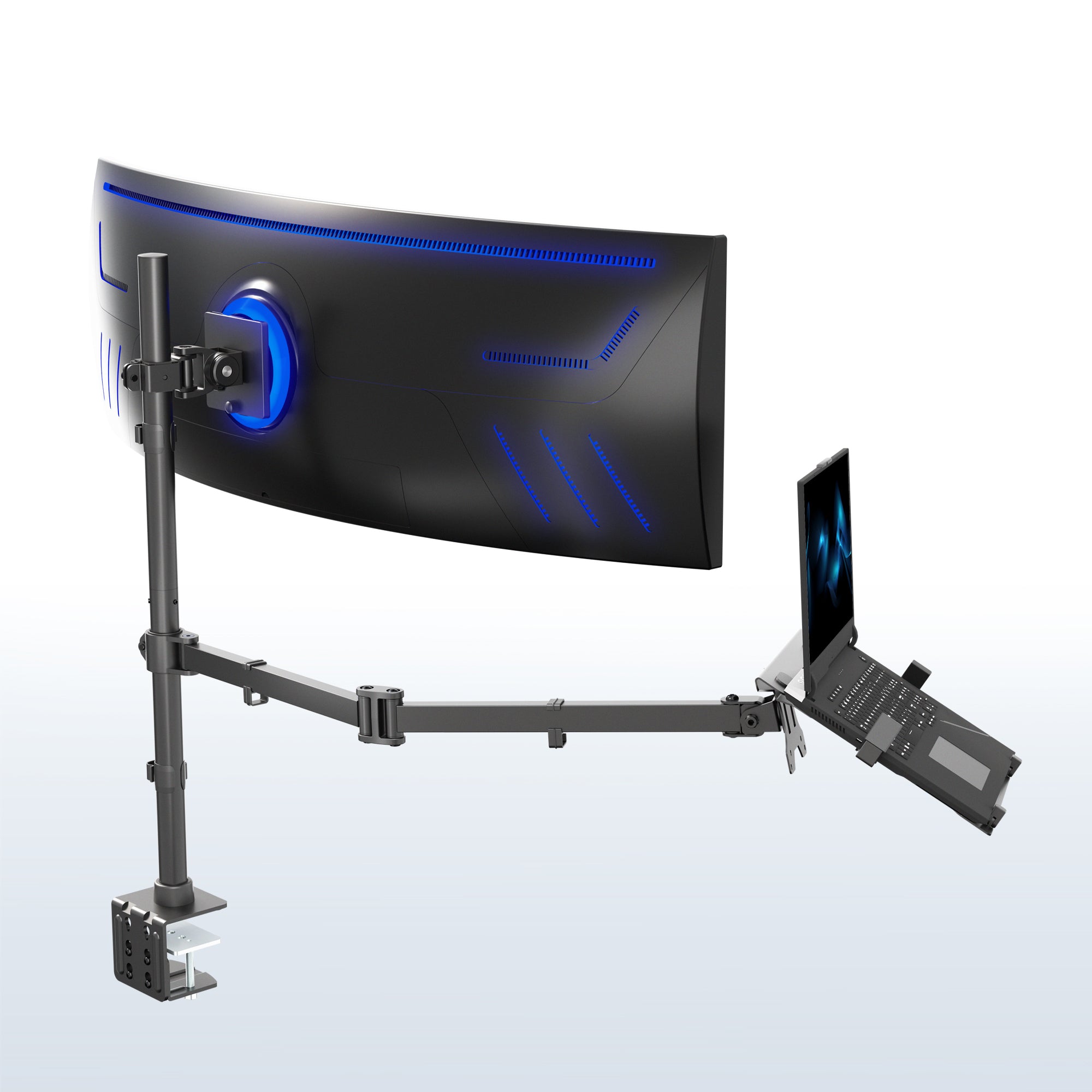 Monitor and laptop on a adjustable mount with a white background