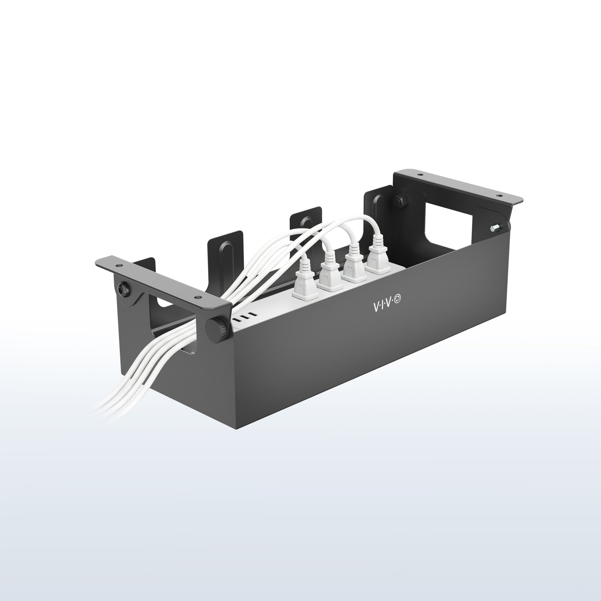 Flip Open Under Desk Cable Management Box on a white and blue gradient background