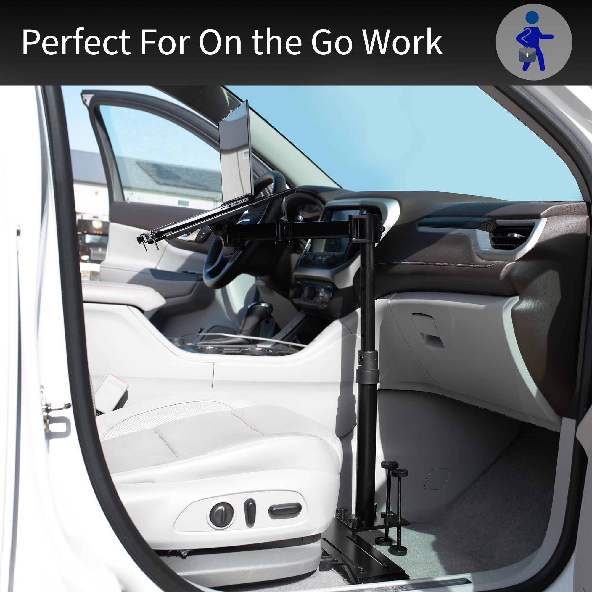 Perfect for on-the-go use, this car laptop stand anchors to the seat bolts on the passenger side chair, providing a secure and sturdy workstation.