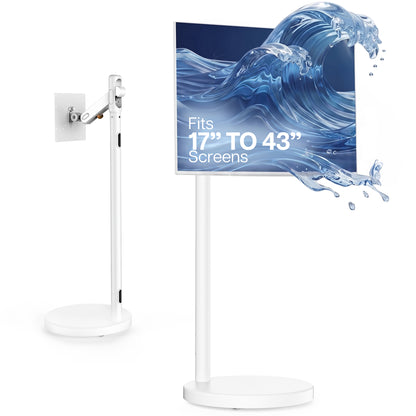 White mobile TV and monitor cart with adjustable mechanical arm for 17-inch to 43-inch screens