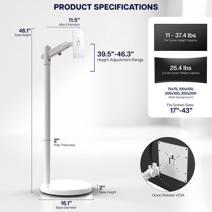 White mobile TV and monitor cart dimensions showing adjustable height, mechanical arm, and rolling base