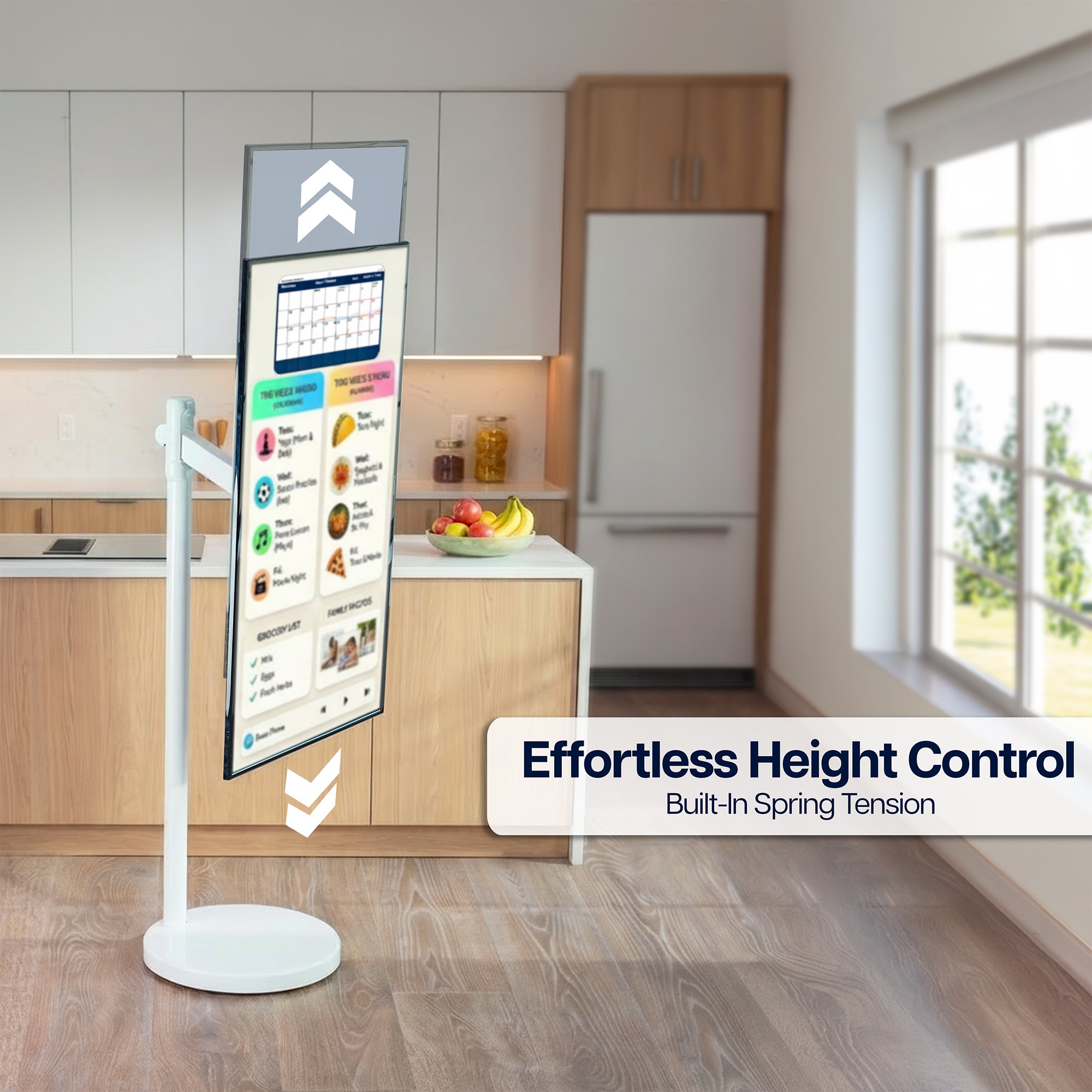 White mobile monitor cart with adjustable height and mechanical arm for comfortable screen positioning
