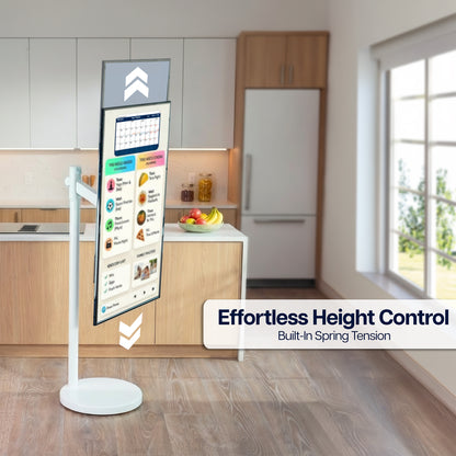 White mobile monitor cart with adjustable height and mechanical arm for comfortable screen positioning