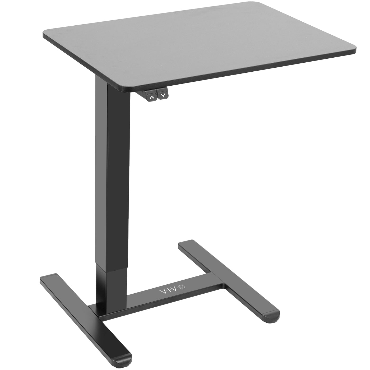 Sturdy steel mobile overbed table with electric height adjustment.