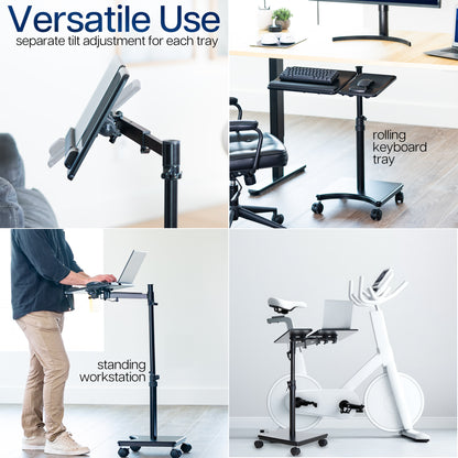 Collage of a adjustable workstation with different uses including standing, rolling keyboard tray, and laptop stand.