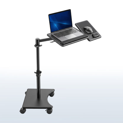 A black rolling laptop stand with an adjustable arm and tray, shown holding an open laptop, mouse, and mouse pad on a clean white-to-light-gray gradient background.