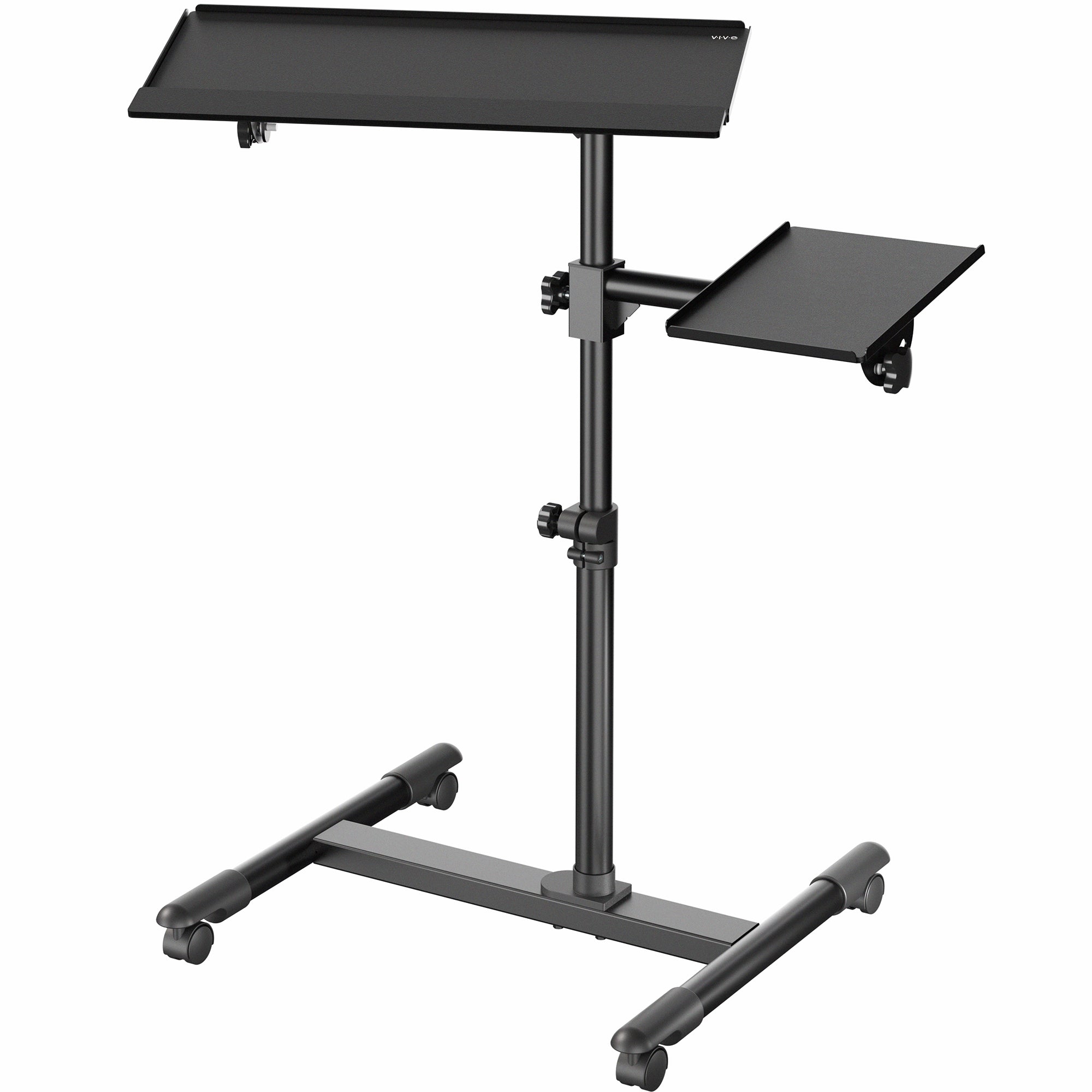 A black freestanding keyboard tray cart with an adjustable height mechanism and wheels for mobility.