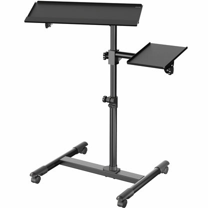 A black freestanding keyboard tray cart with an adjustable height mechanism and wheels for mobility.