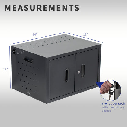 Locking charging station cabinet for 16 devices. Power strip and cable clips make organization easy and ventilation holes and padding provide safe storage. Conveniently place on a flat surface or mount to a wall. Perfect for schools, offices, and more.