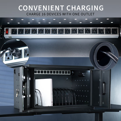 Locking charging station cabinet for 16 devices. Power strip and cable clips make organization easy and ventilation holes and padding provide safe storage. Conveniently place on a flat surface or mount to a wall. Perfect for schools, offices, and more.