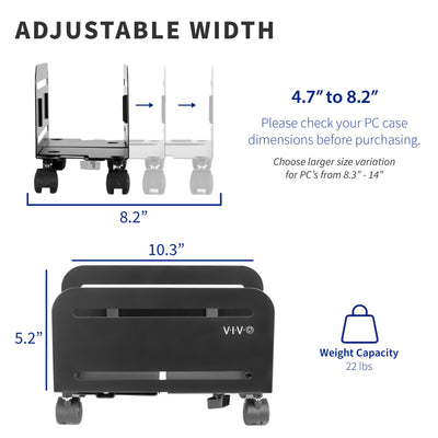 Sturdy mobile CPU cart with adjustable width and locking wheels.