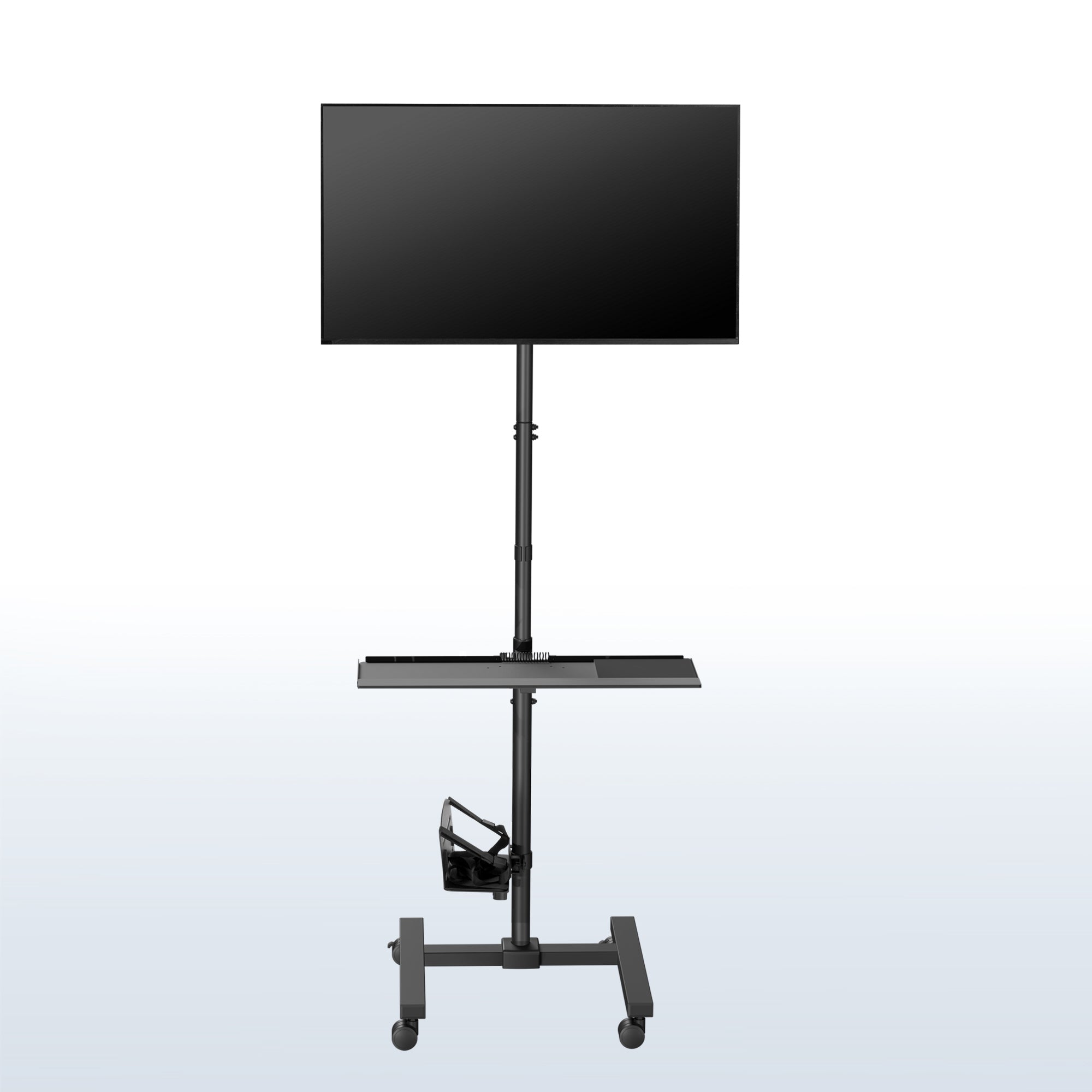 Mobile workstation cart with monitor mount, keyboard tray, PC holder, and locking wheels. Featuring 360 rotation and height adjustment.