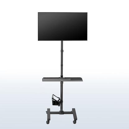 Mobile workstation cart with monitor mount, keyboard tray, PC holder, and locking wheels. Featuring 360 rotation and height adjustment.