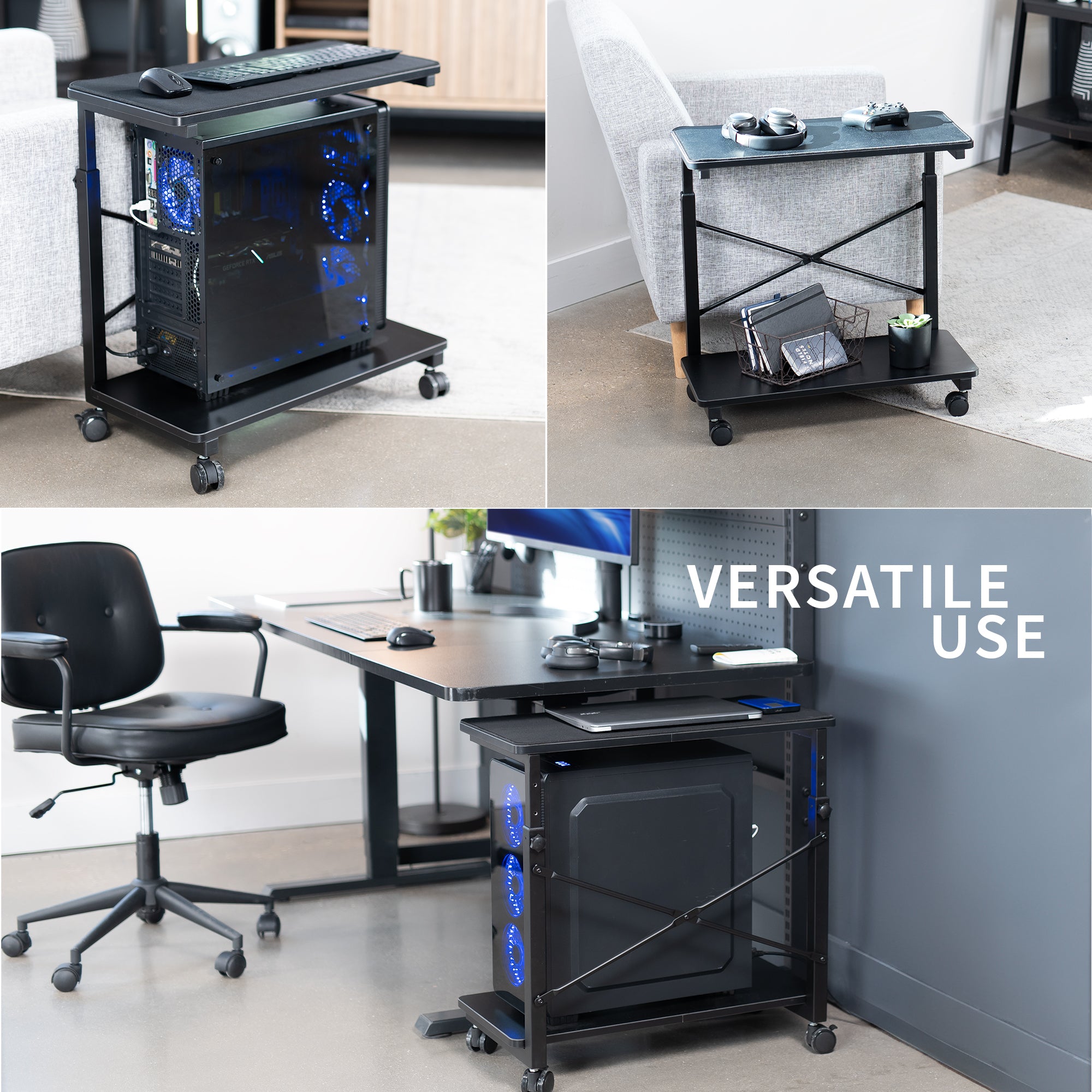 Mobile adjustable PC cart with storage for versatile use.