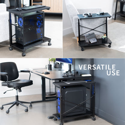 Mobile adjustable PC cart with storage for versatile use.