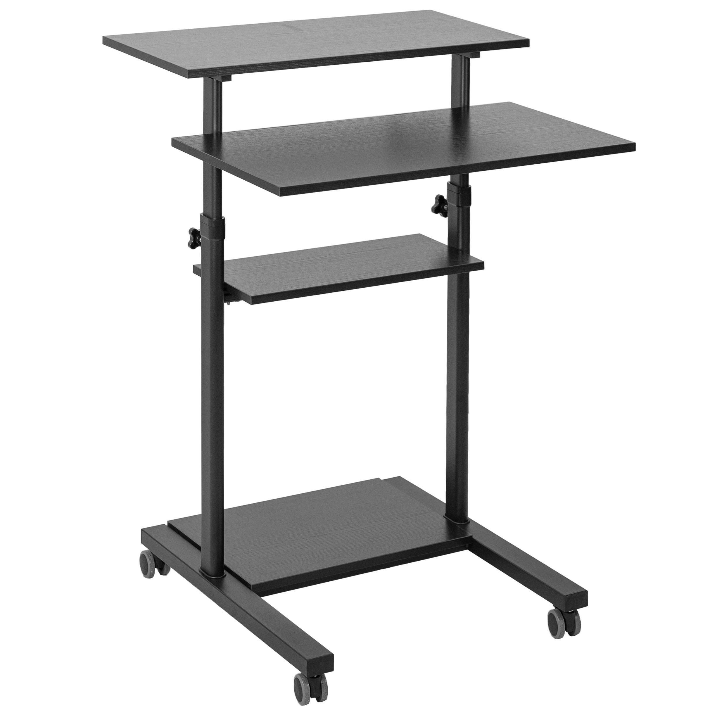 A height adjustable mobile stand-up desk that is perfect for use at the office, home, showroom, and classroom, and provides ample room for typing, writing, and storing. 