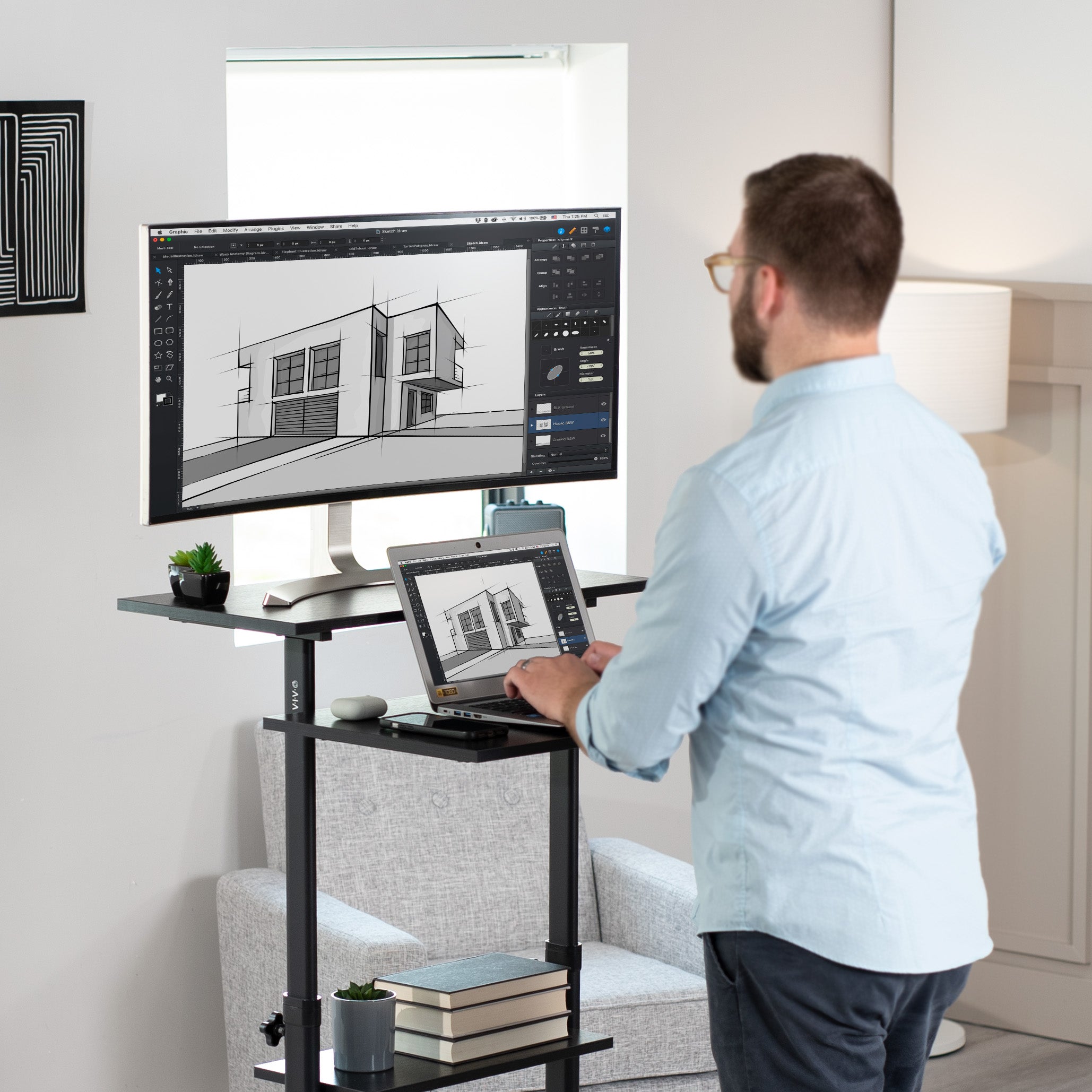 A height adjustable mobile stand-up desk that is perfect for use at the office, home, showroom, and classroom, and provides ample room for typing, writing, and storing. 