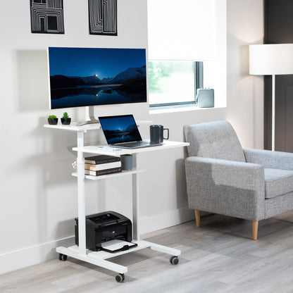 A height adjustable mobile stand-up desk that is perfect for use at the office, home, showroom, and classroom, and provides ample room for typing, writing, and storing. 