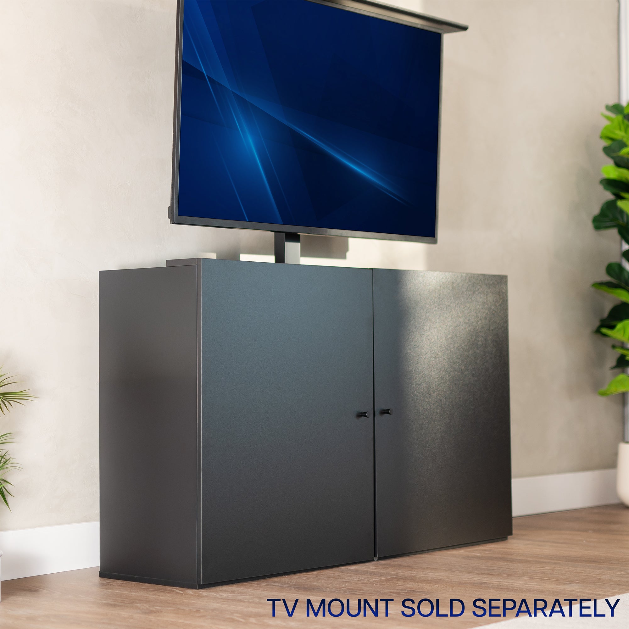 Black TV cabinet with a concealed television displaying a blue screen, on a wooden floor with a plant in the background.