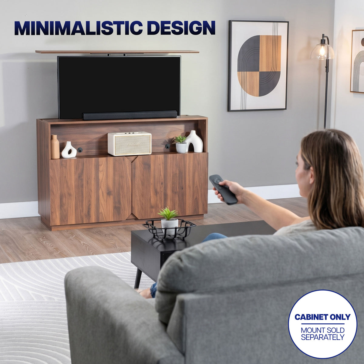 Minimalist TV lift cabinet concealing a flat-screen television for a clean, clutter-free living room