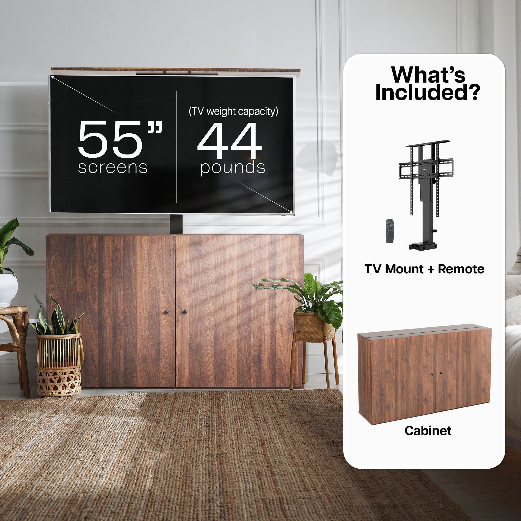 Wooden TV cabinet with a flat-screen TV concealed, in a living room setting.