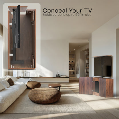 Wooden TV cabinet with a black flat-screen TV on a white background