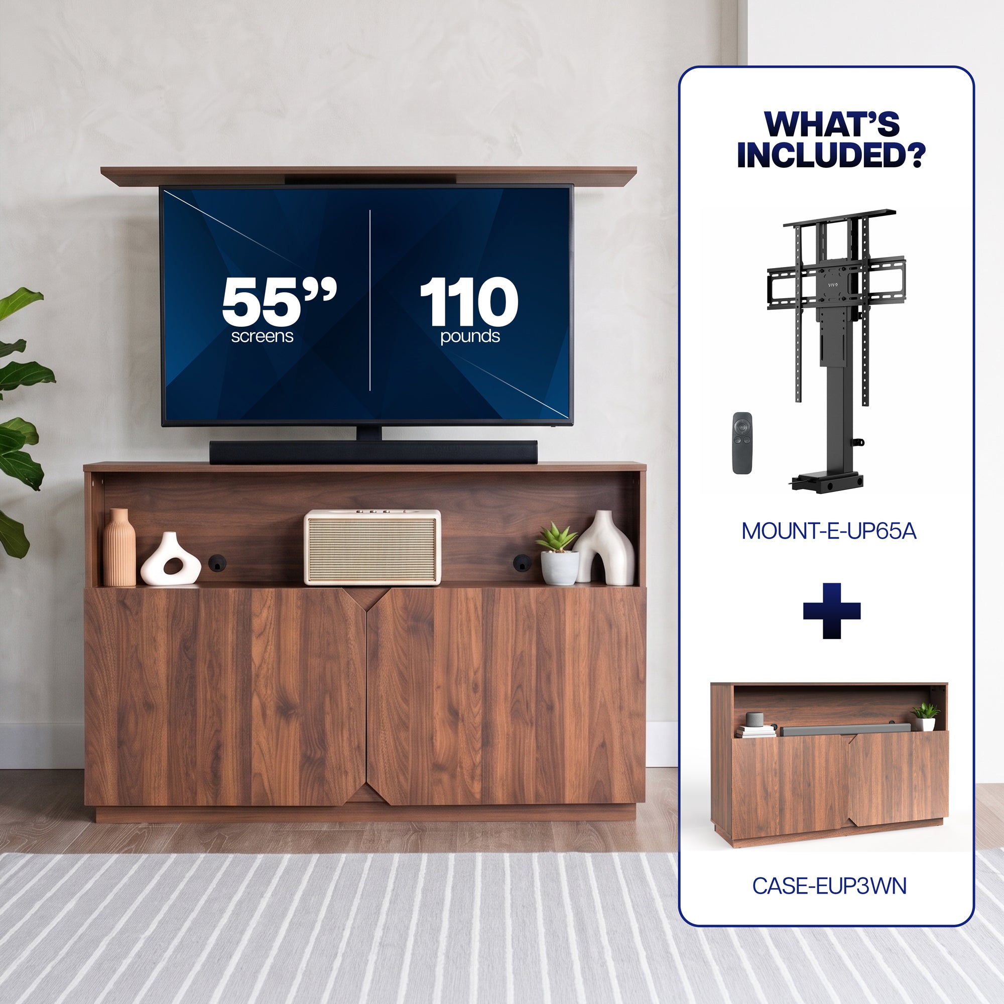 TV Lift Cabinet with Motorized Stand  and Storage - 32" to 55" Screens