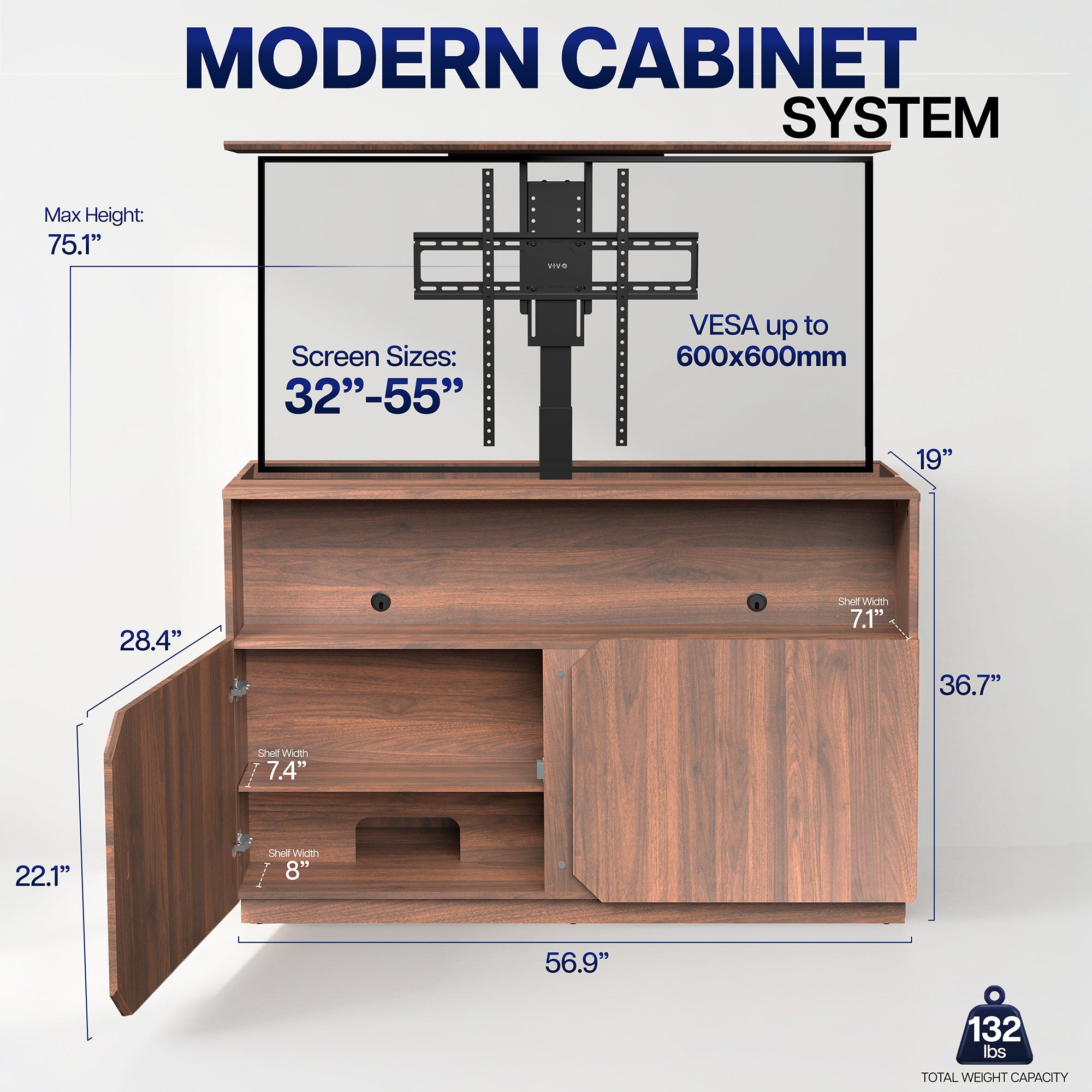 TV Lift Cabinet with Motorized Stand  and Storage - 32" to 55" Screens