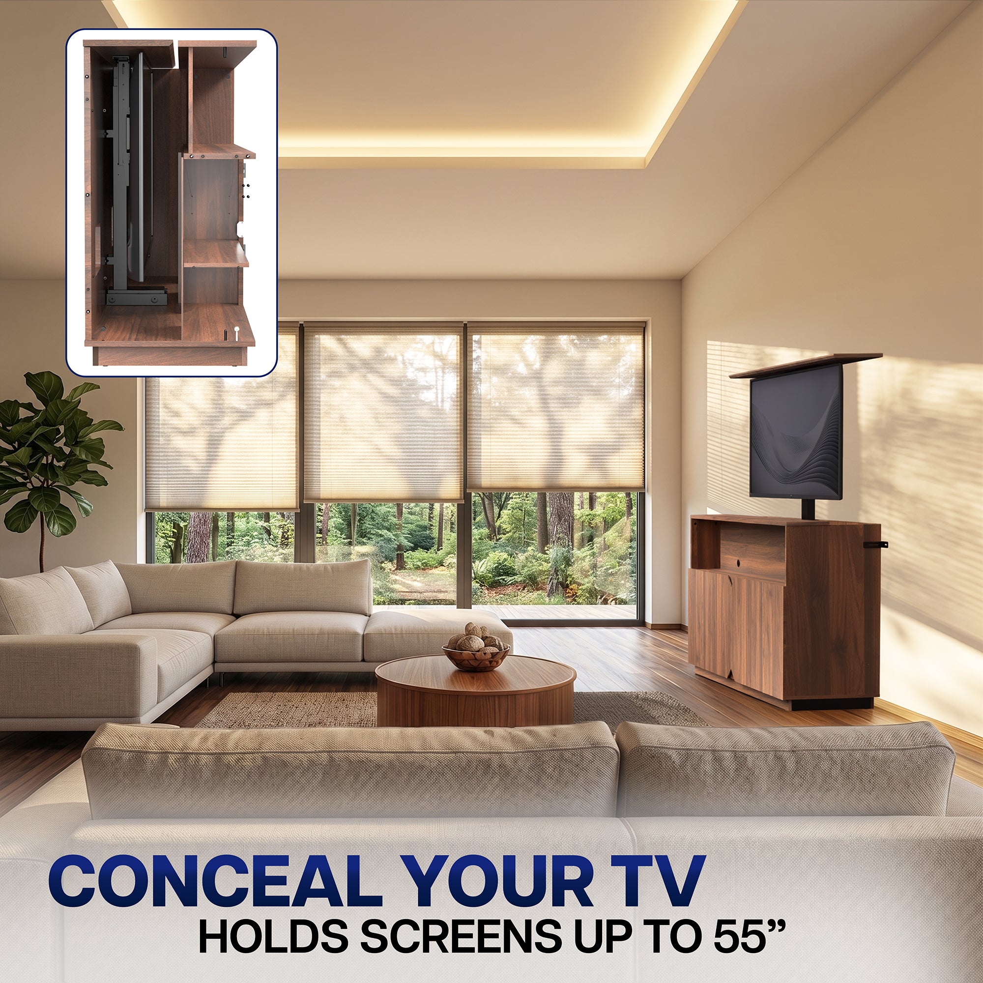 TV Lift Cabinet with Motorized Stand  and Storage - 32" to 55" Screens