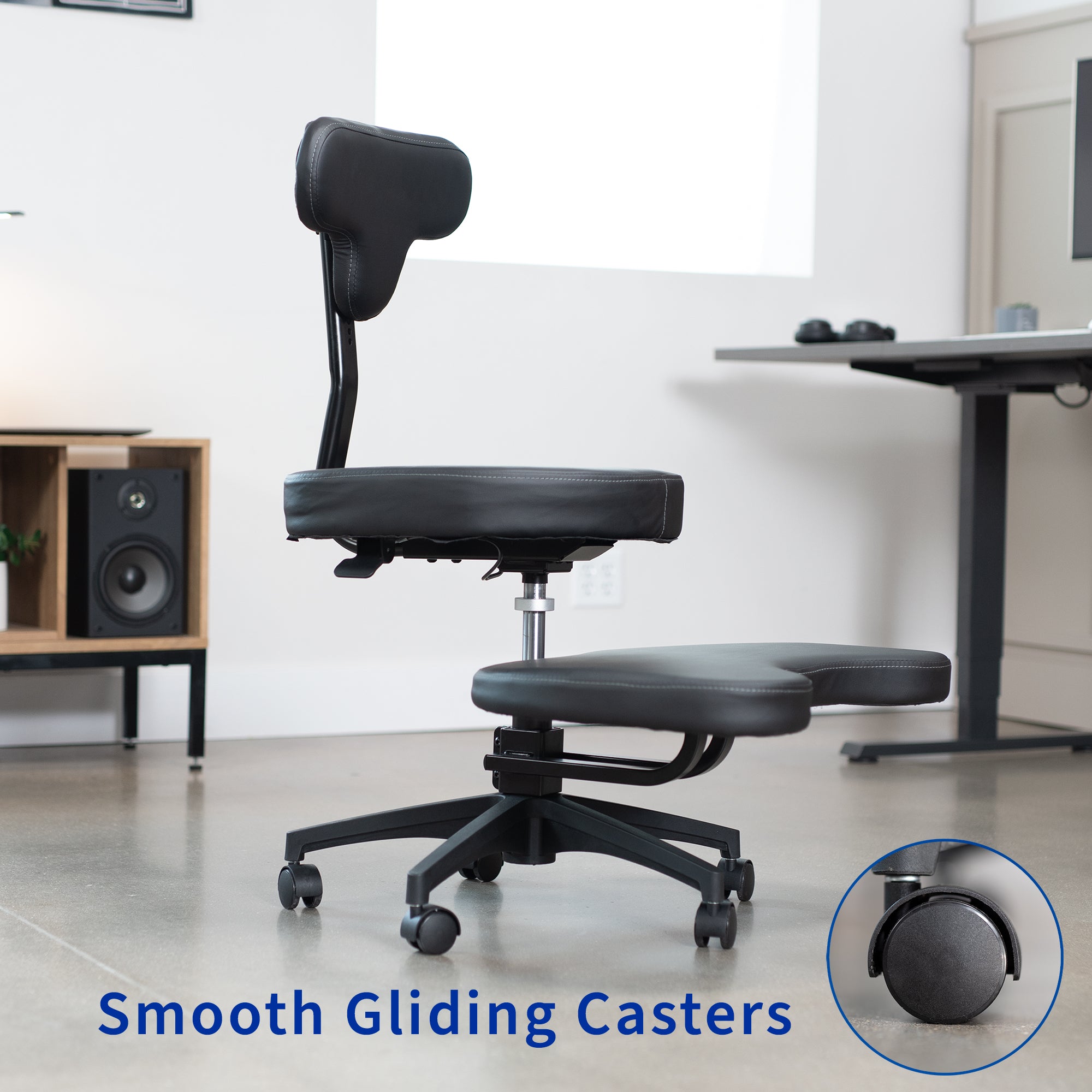 Fully adjustable cross legged desk chair with wheels for better posture and increased productivity.