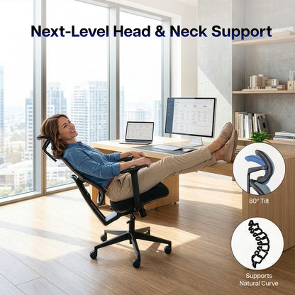 Person using a ergonomic chair with text about head and neck support in an office setting.