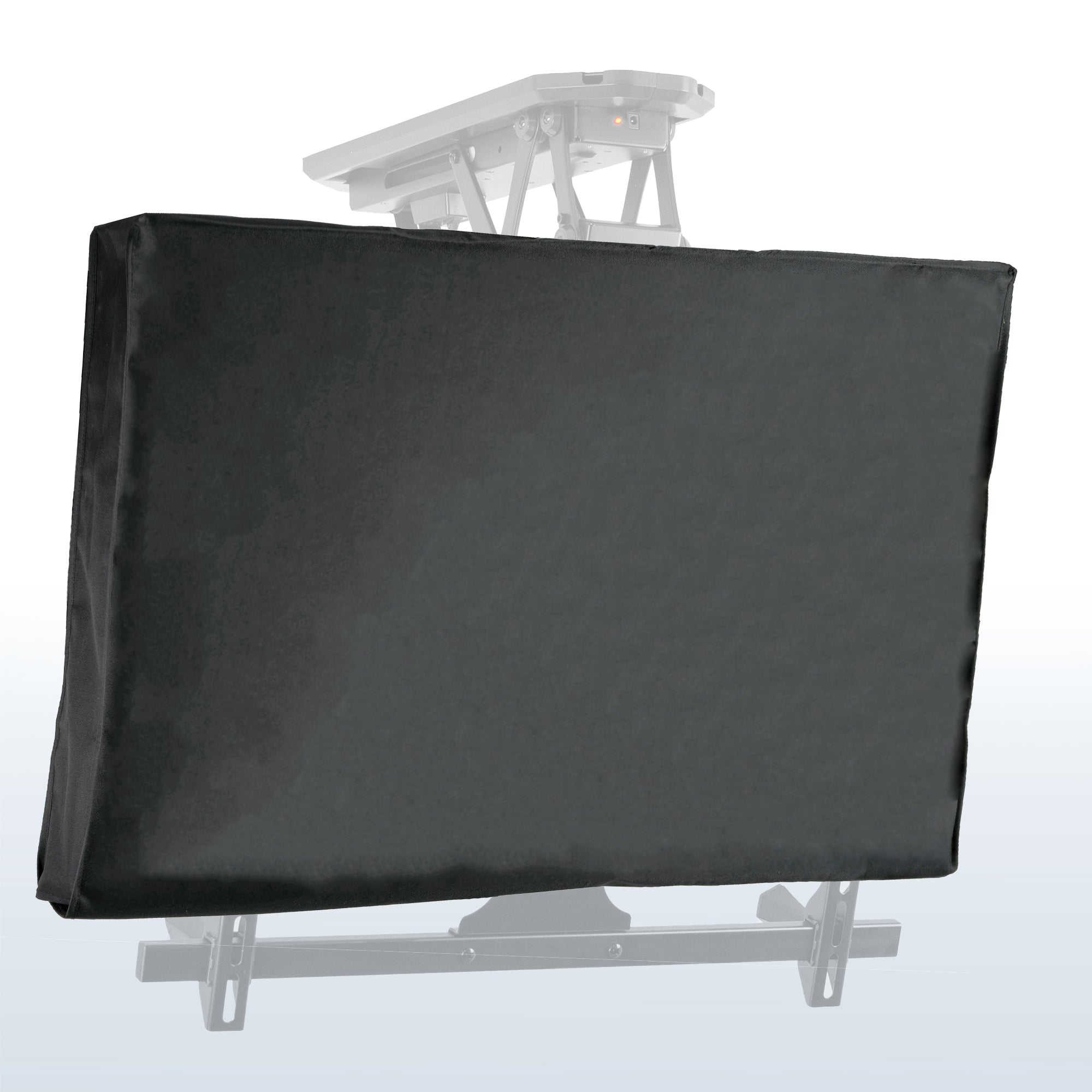 A black TV cover fitted over a ceiling mount TV with a visible mounting mechanism.