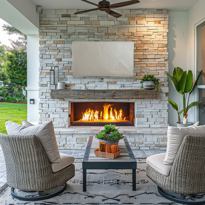 Protective flat screen TV cover in an outdoor patio setting.