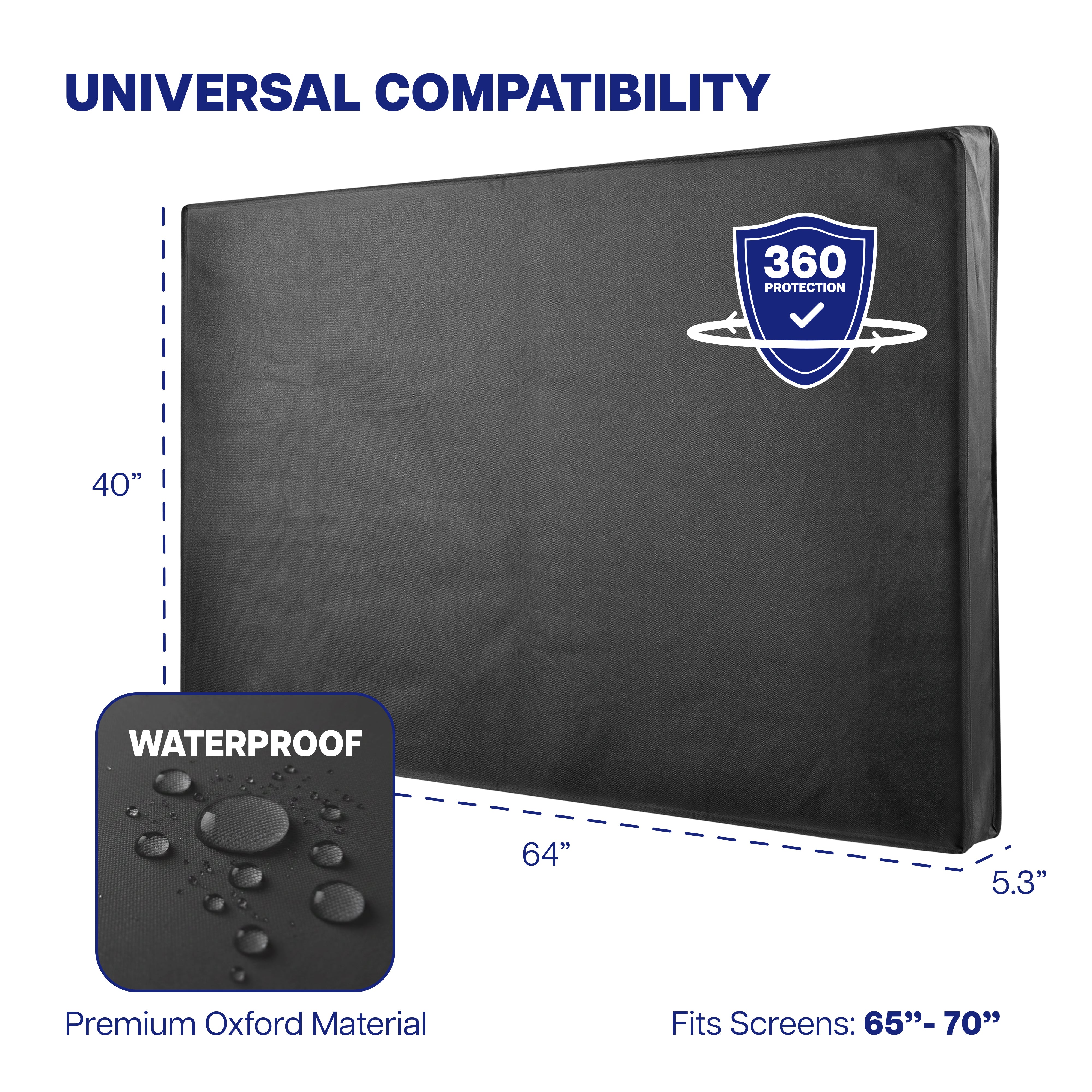 Black TV screen protector with measurements and compatibility details on a white background
