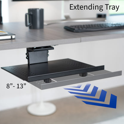 Under desk adjustable laptop tray lets you have comfortable typing angles as you work.