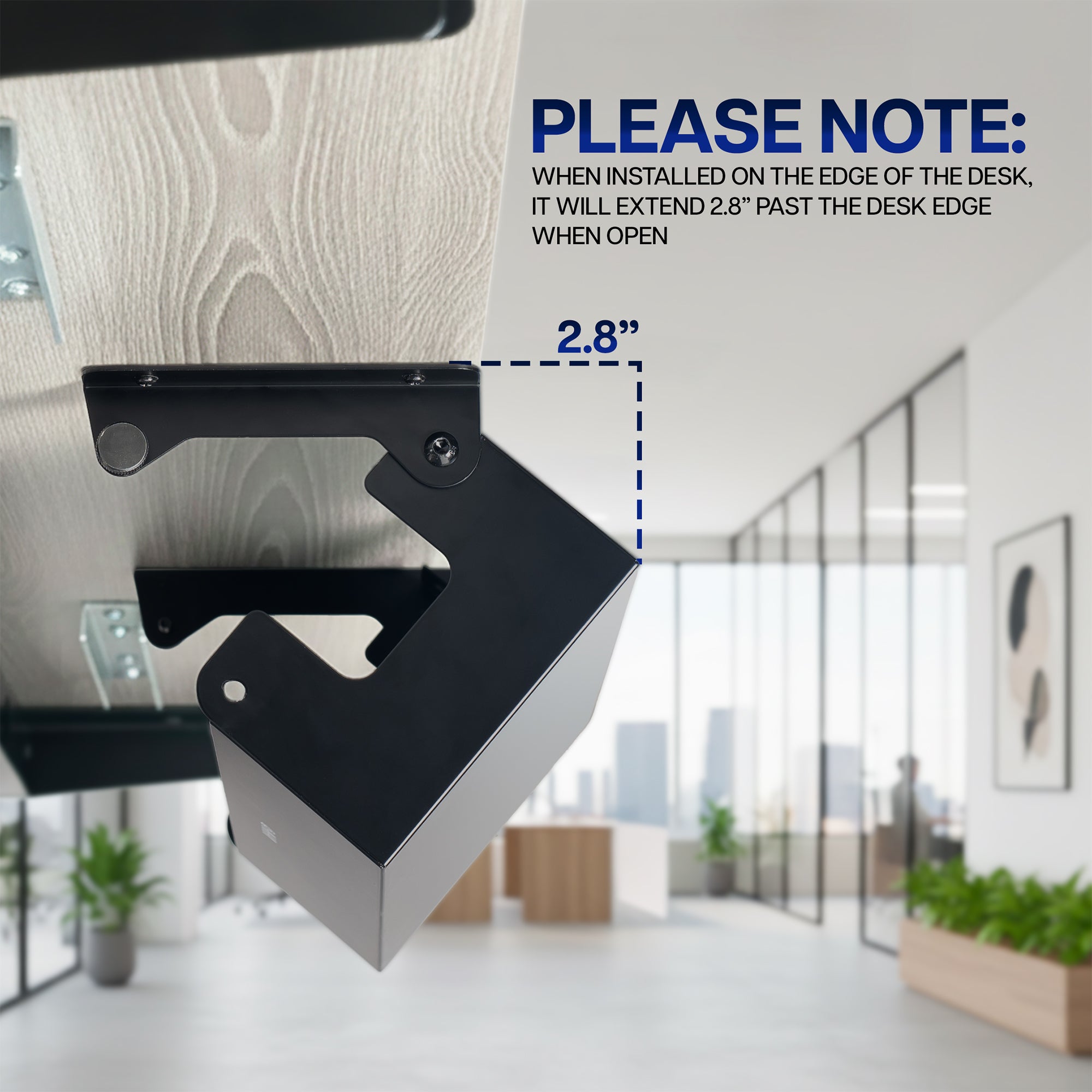 Flip Open Under Desk Cable Management Box mounted under a desk in an office background, showing extension measurement.