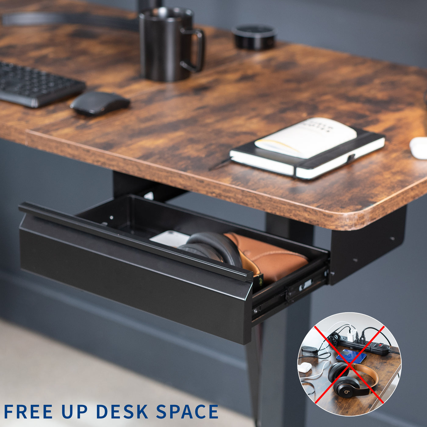 Durable versatile pullout under desk organizer drawer for extra storage with built-in power strip.