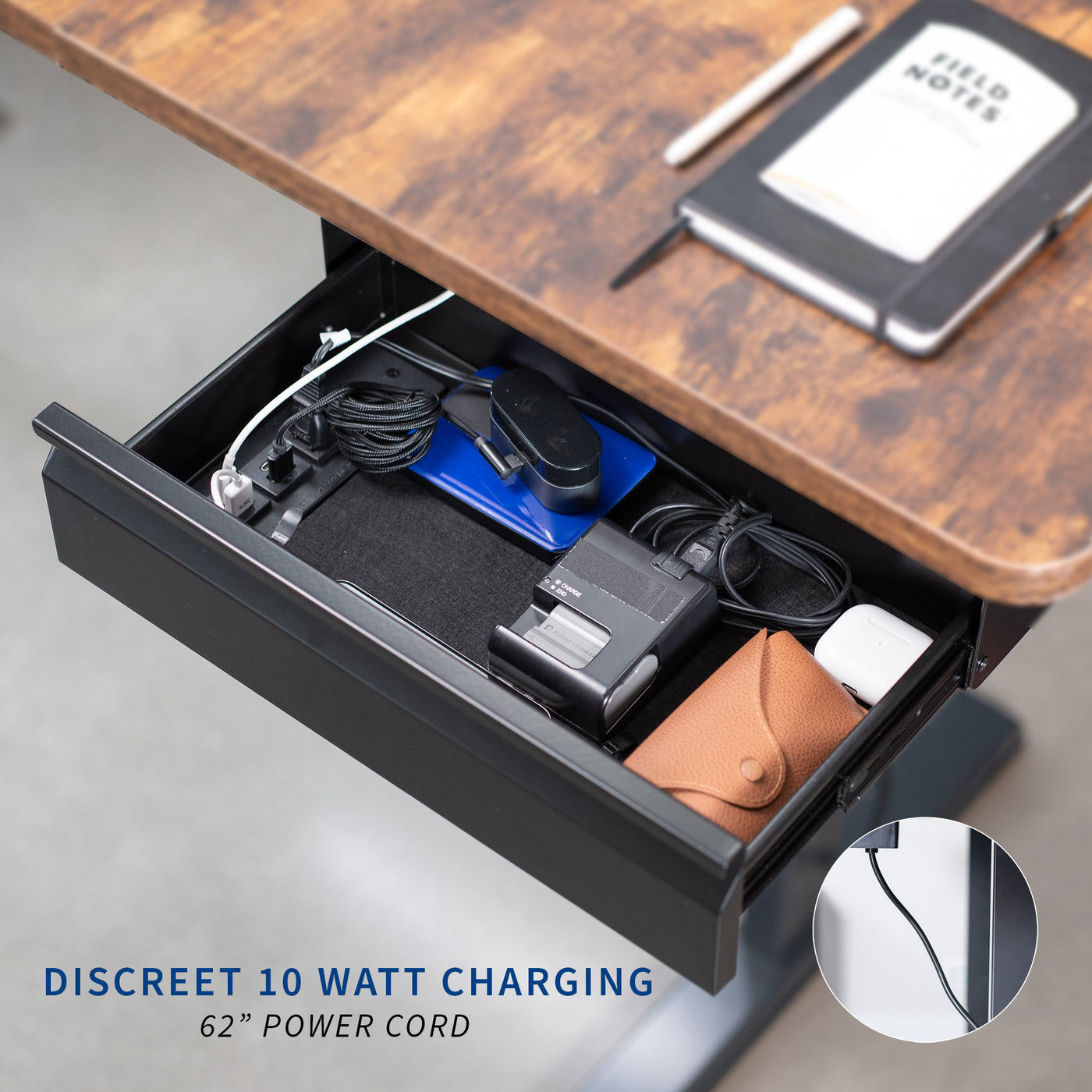 Durable versatile pullout under desk organizer drawer for extra storage with built-in power strip.