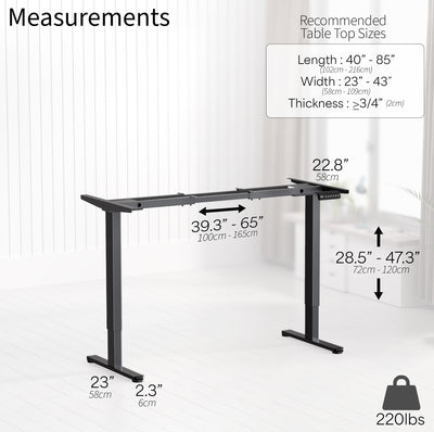 Motorized standing desk frame for raising your compatible table top to a sitting or standing position.