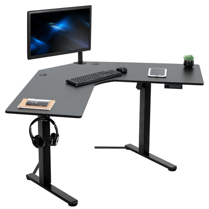 Heavy-duty electric height adjustable corner desk workstation for active sit or stand efficient workspace.