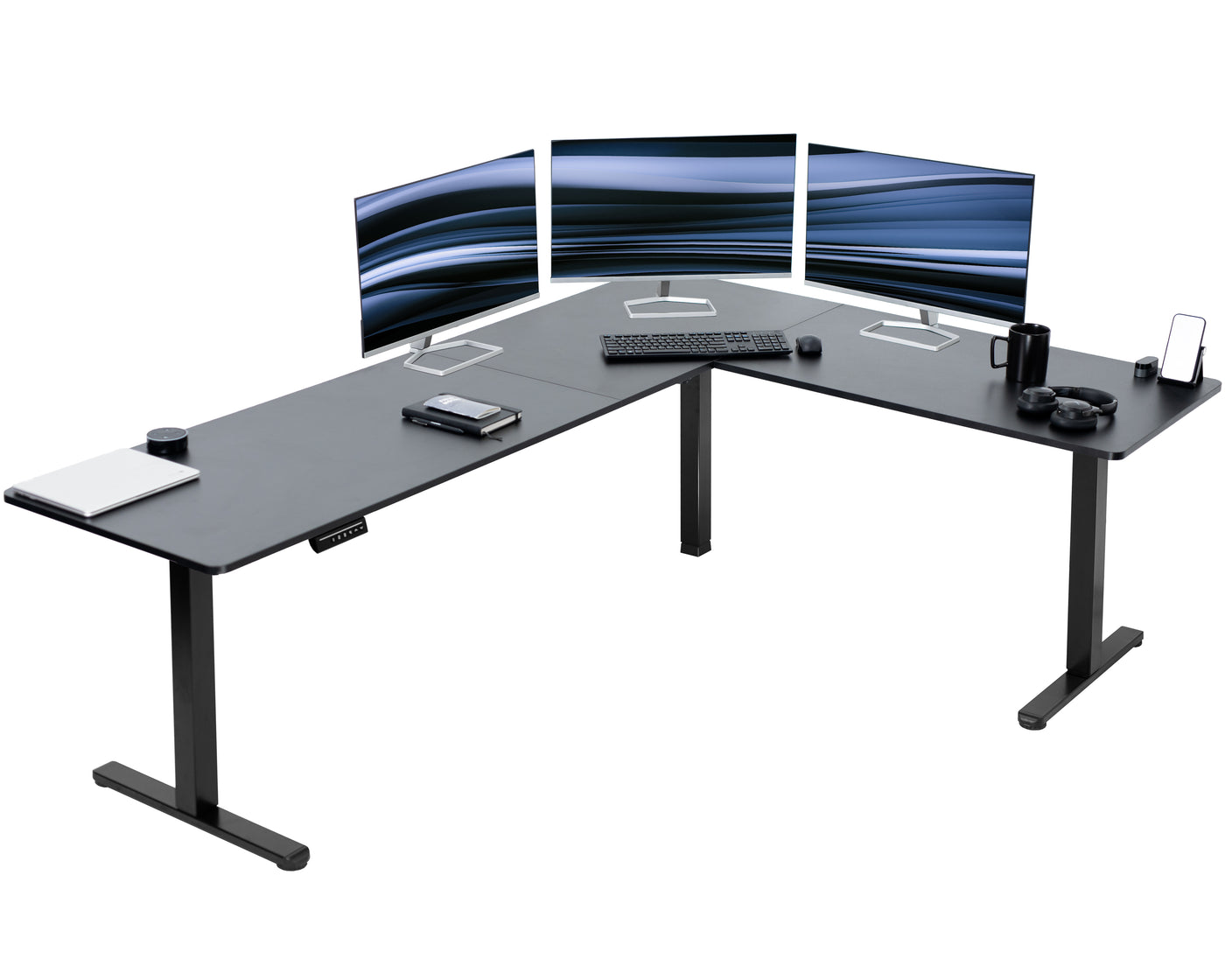 Electric heavy-duty large corner desk workstation for modern office workspaces.