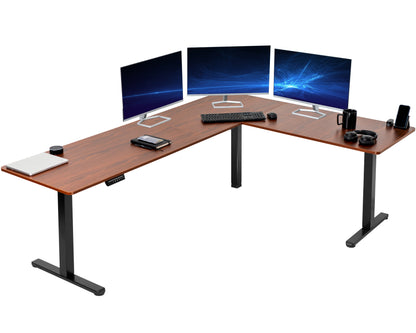 Electric heavy-duty large corner desk workstation for modern office workspaces.