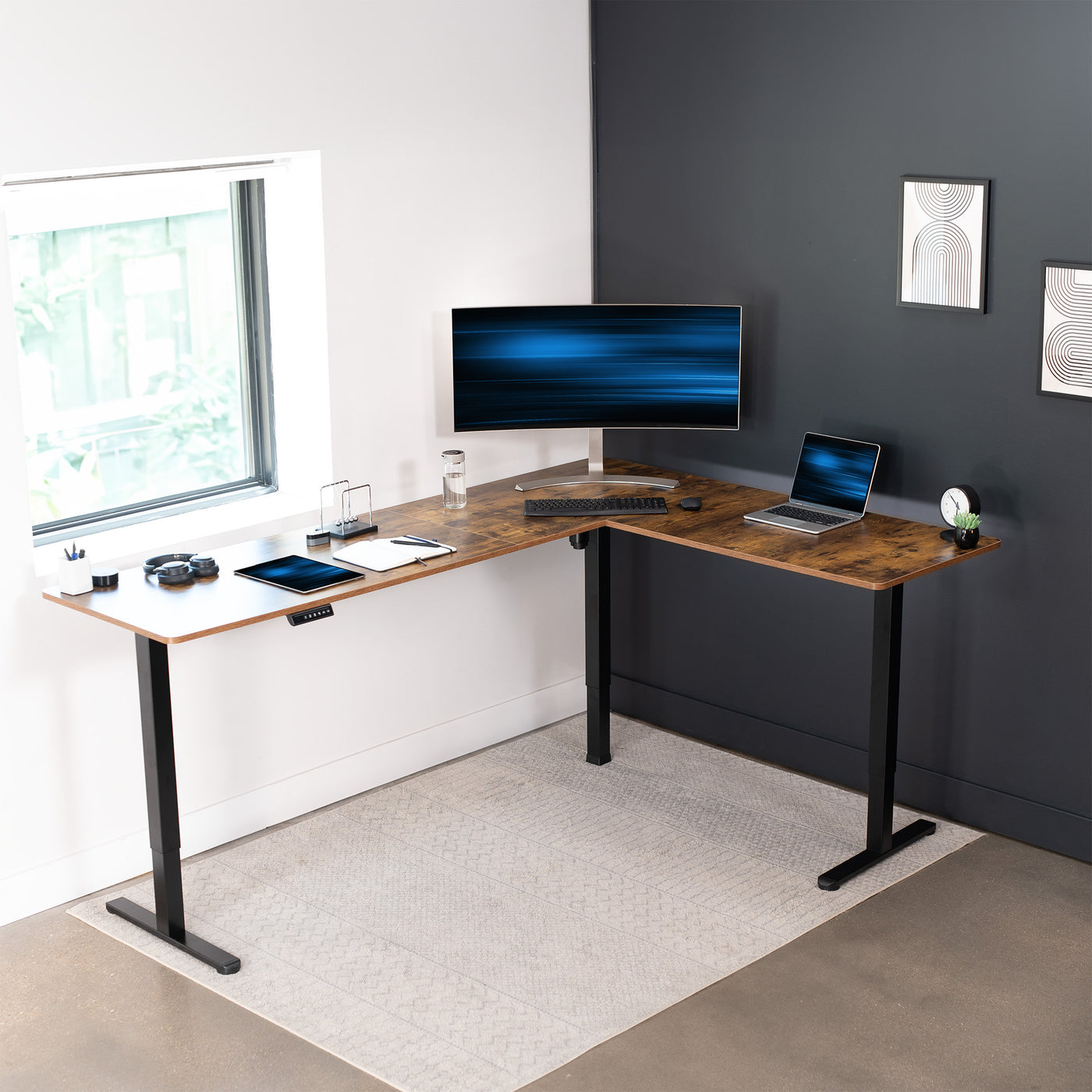 Electric heavy-duty large rustic corner desk workstation for modern office workspaces.