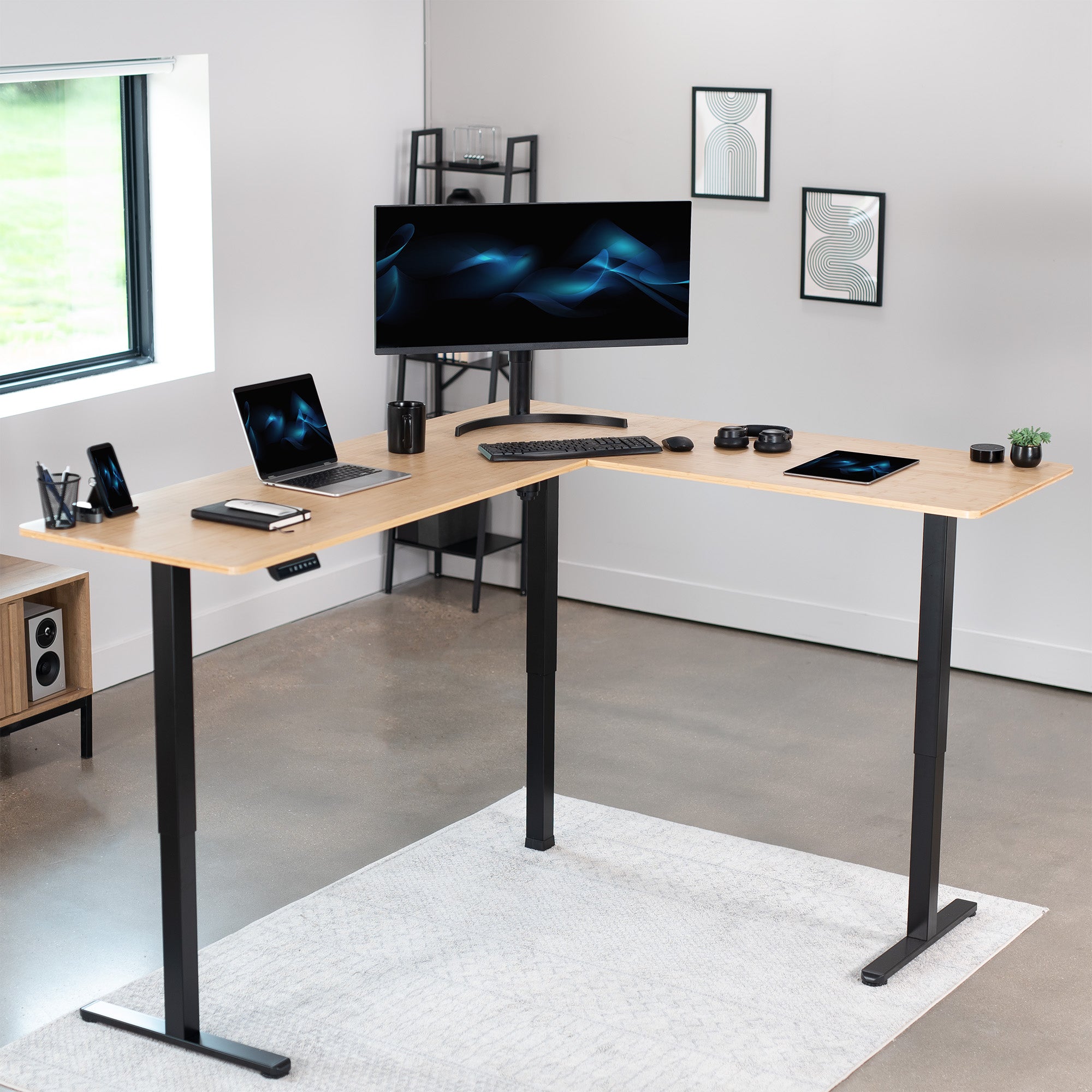 Electric heavy-duty real bamboo corner desk workstation for modern office workspaces. 