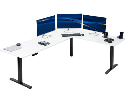 Electric heavy-duty large corner desk workstation for modern office workspaces.