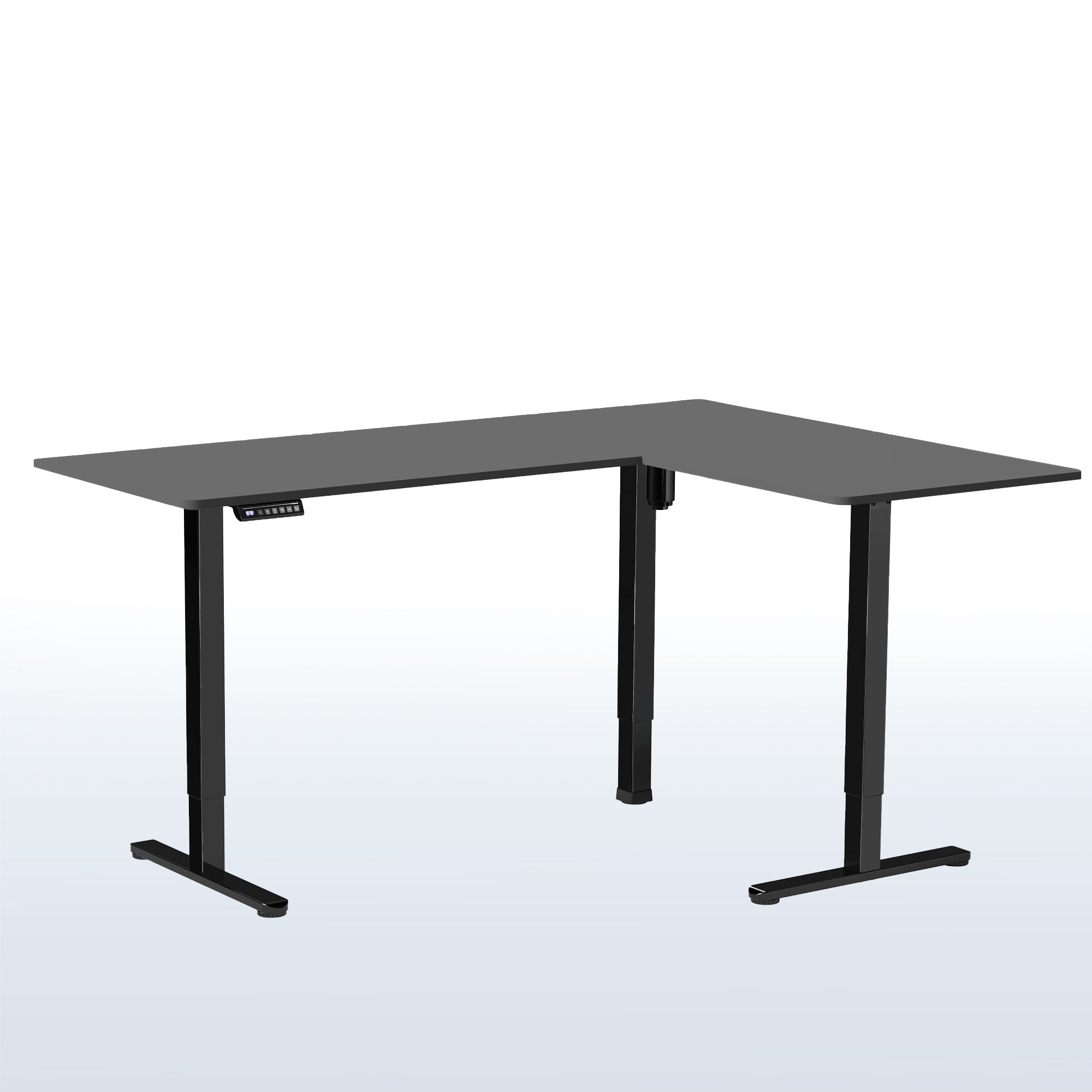 Electric heavy-duty corner desk workstation for modern office workspaces. 