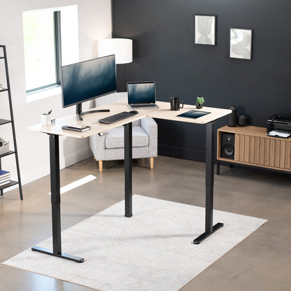 Electric heavy-duty corner desk workstation for modern office workspaces.