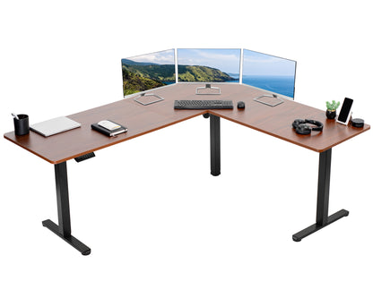 Electric heavy-duty corner desk workstation for modern office workspaces.