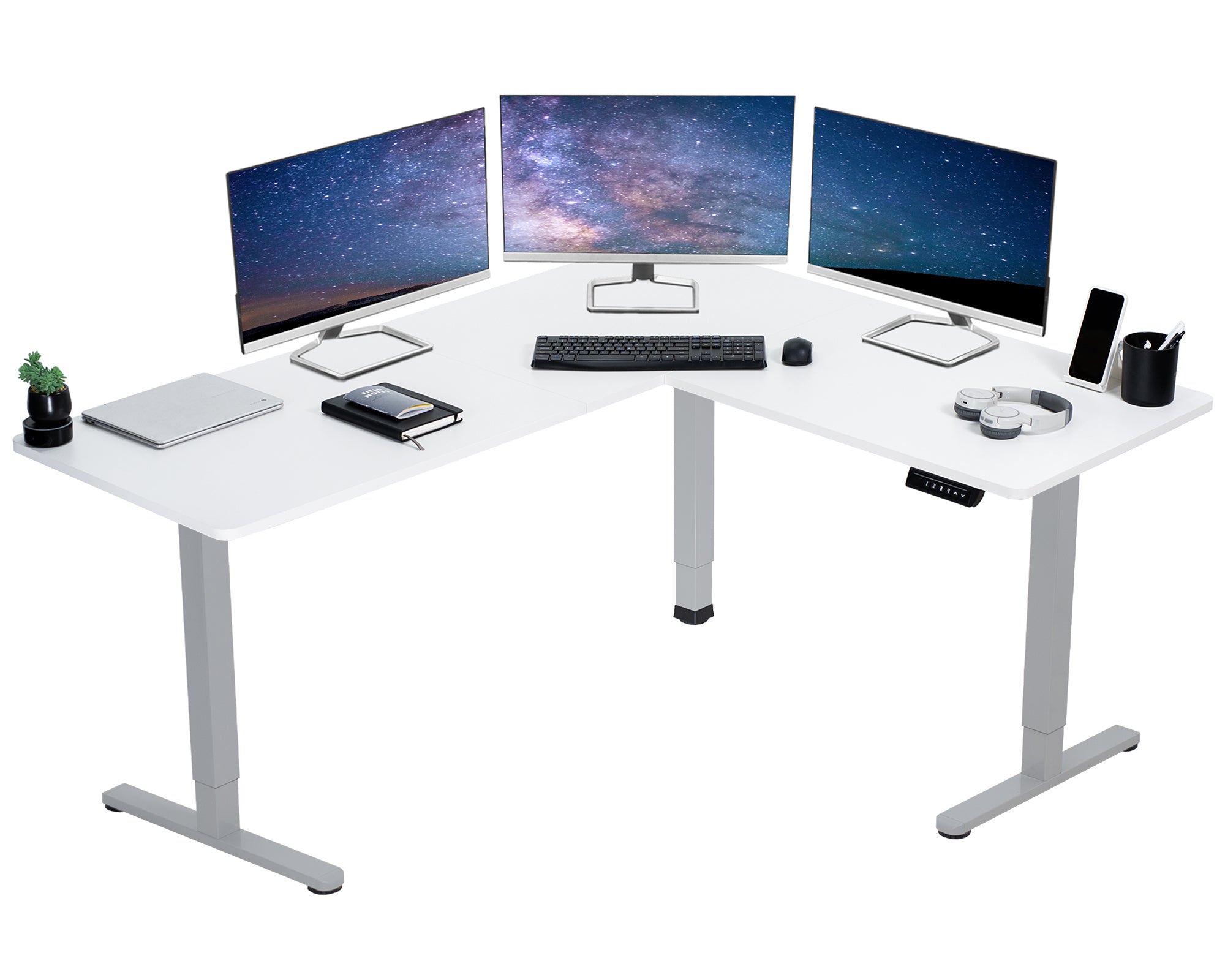 Electric heavy-duty corner desk workstation for modern office workspaces.